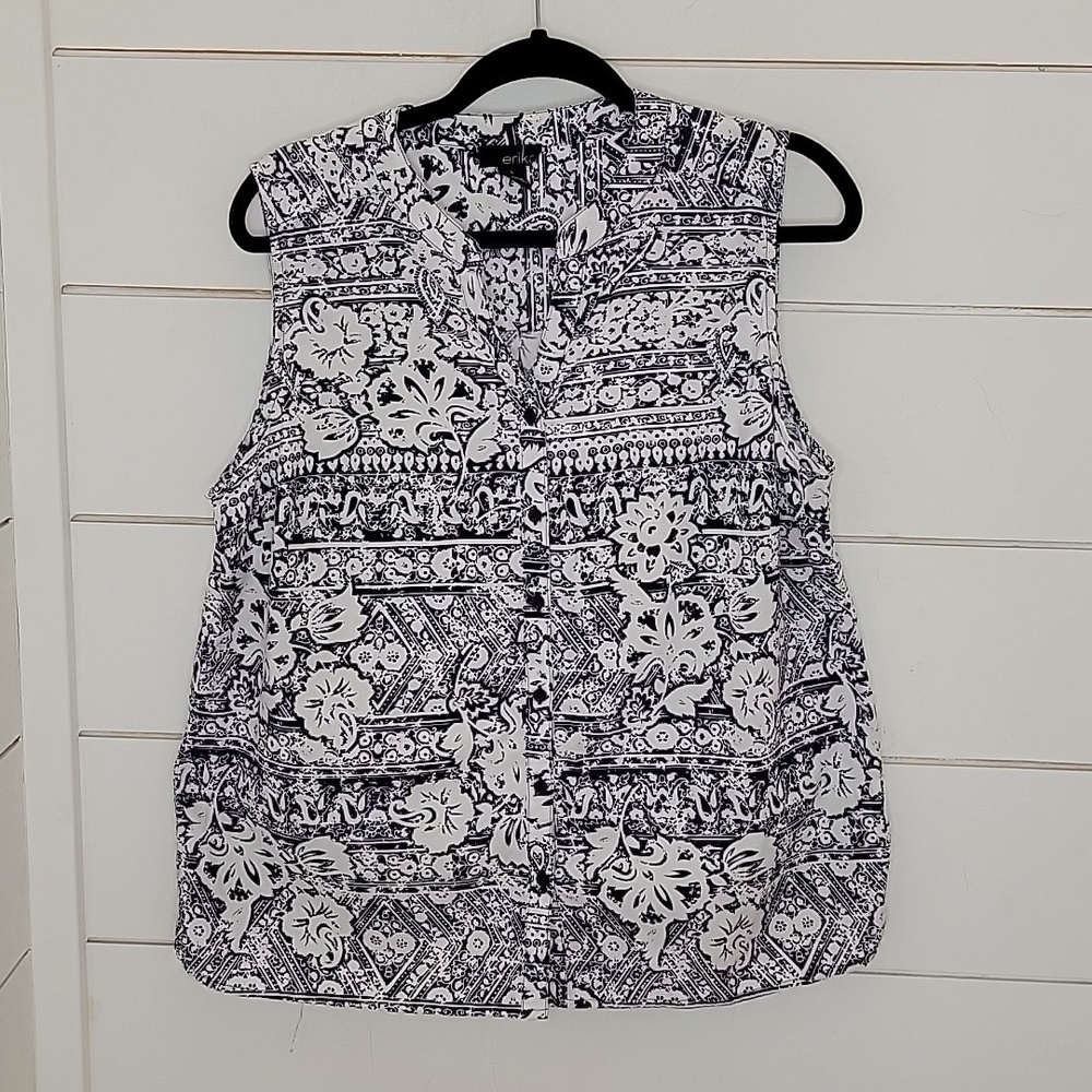 Erika large blue & white print sleeveless blouse